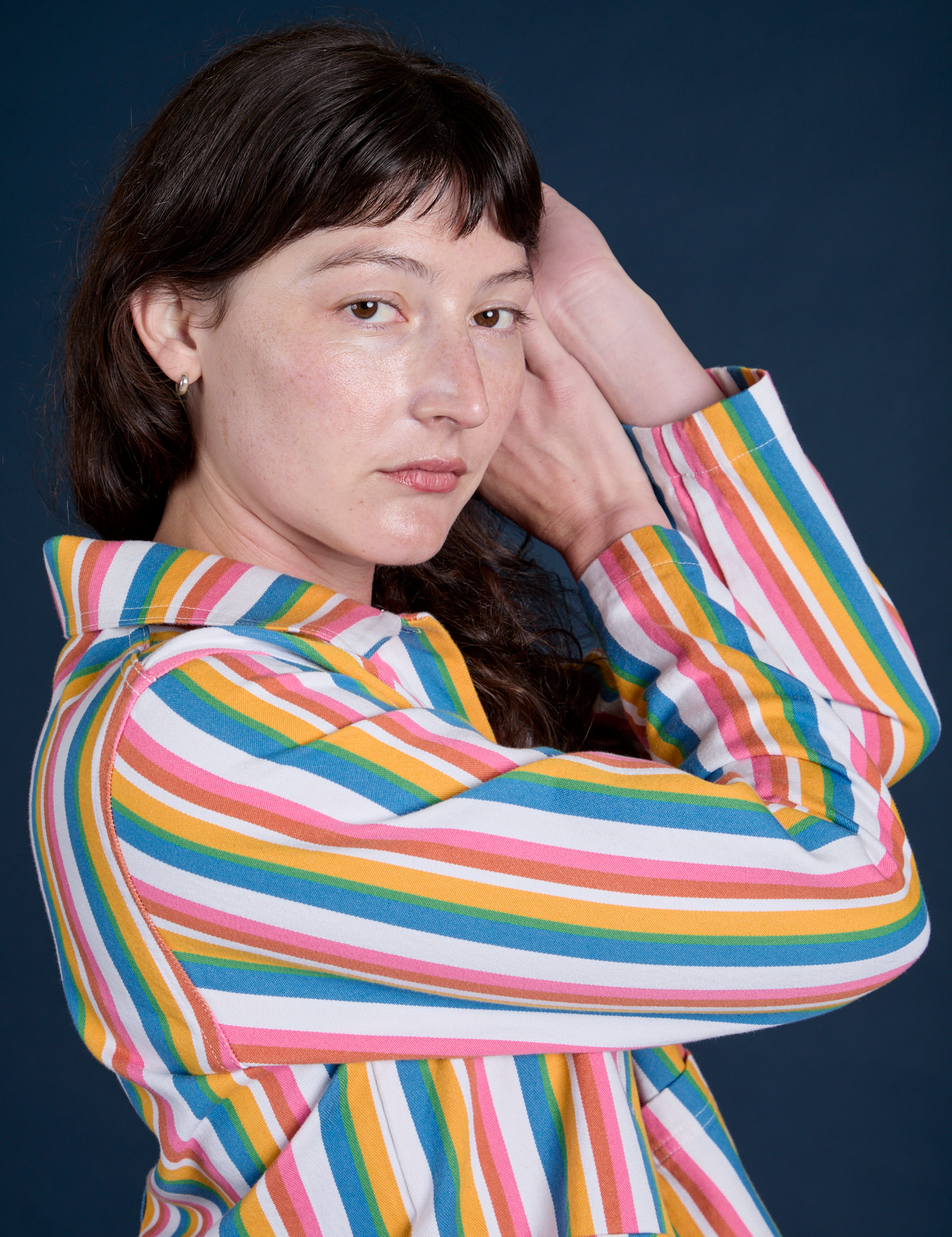 Stripe Work Jacket in Rainbow Stripe sleeve close up on Alex