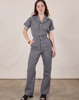 Hana is 5'3" and wearing XXS Short Sleeve Jumpsuit in Washed Grey