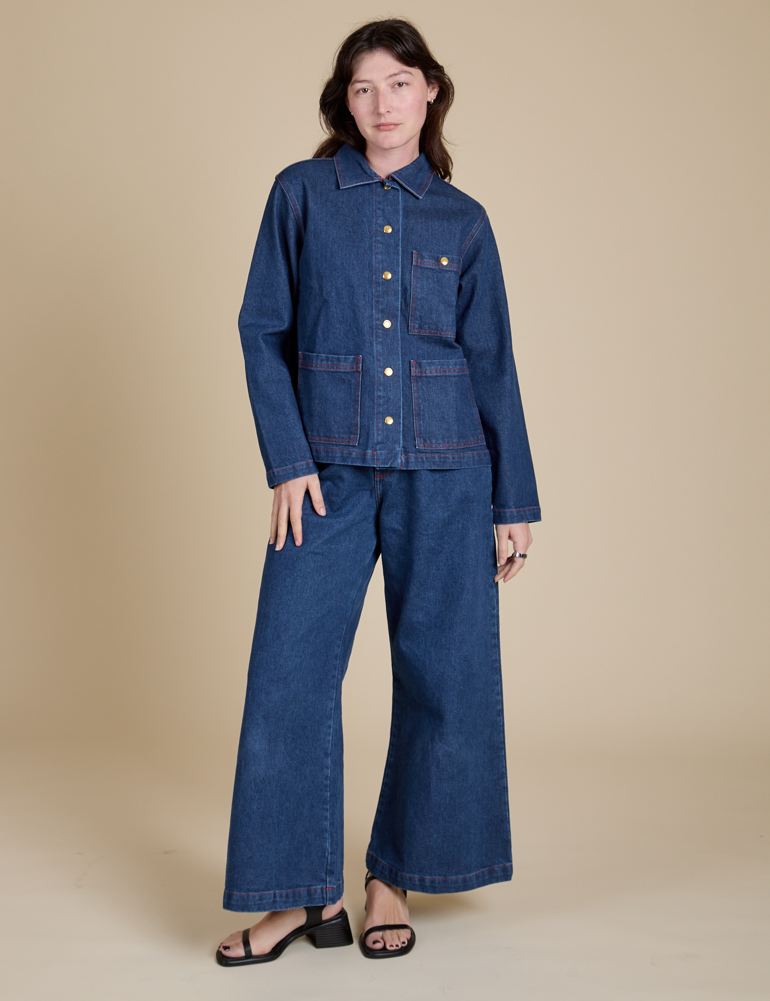 Indigo Denim Work Jacket in Dark Wash and dark wash Indigo Wide Leg Trousers on Alex