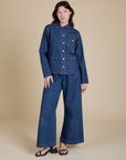 Indigo Denim Work Jacket in Dark Wash and dark wash Indigo Wide Leg Trousers on Alex