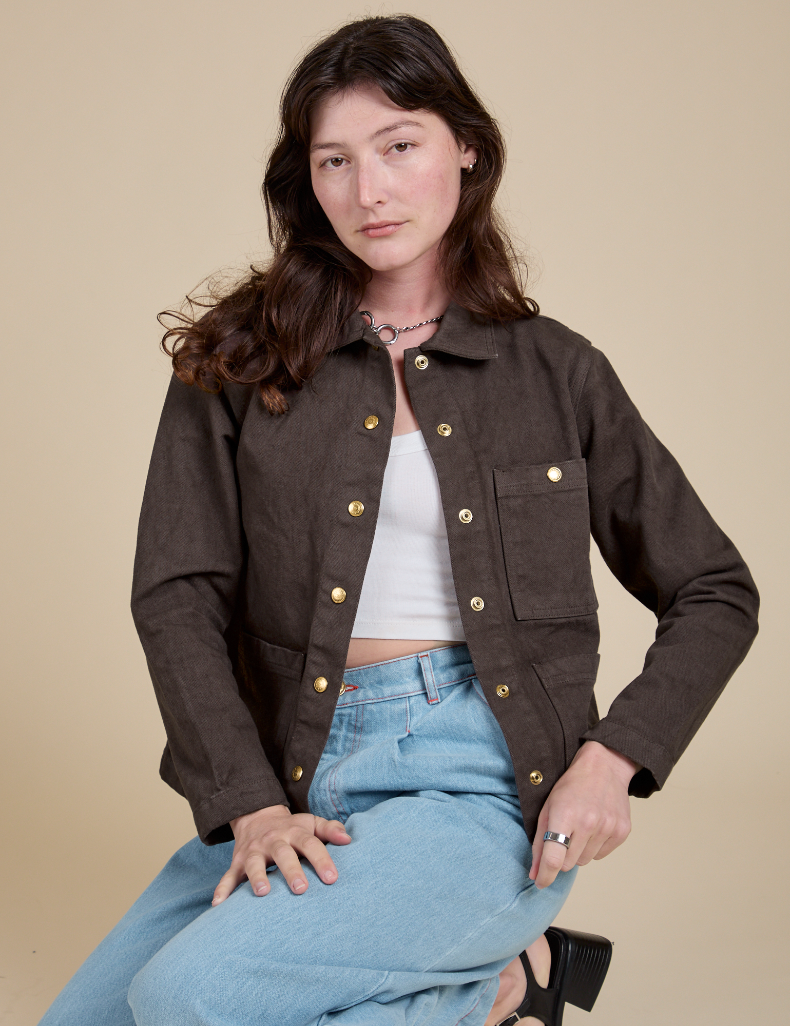 Alex is wearing Denim Work Jacket in Espresso Brown