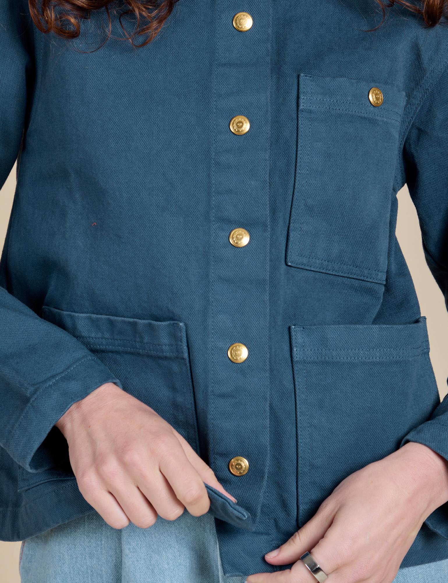 Denim Work Jacket in French Blue front close up on Alex