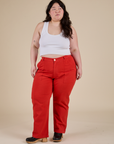 Work Pants in Mustang Red and Cropped Tank in Vintage Tee White worn by Ashley