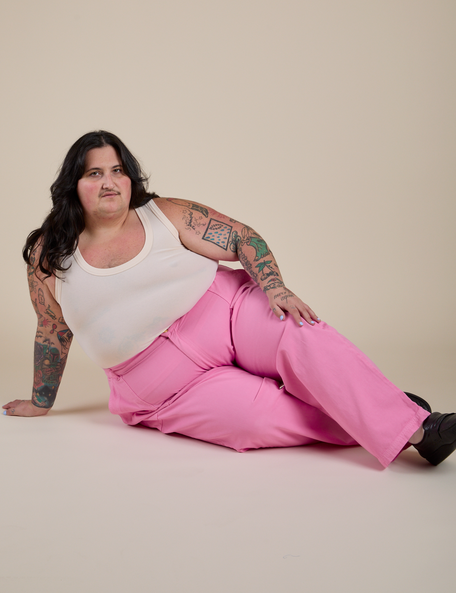 Work Pants in Bubblegum Pink and Cropped Tank in Vintage Tee White on Sam