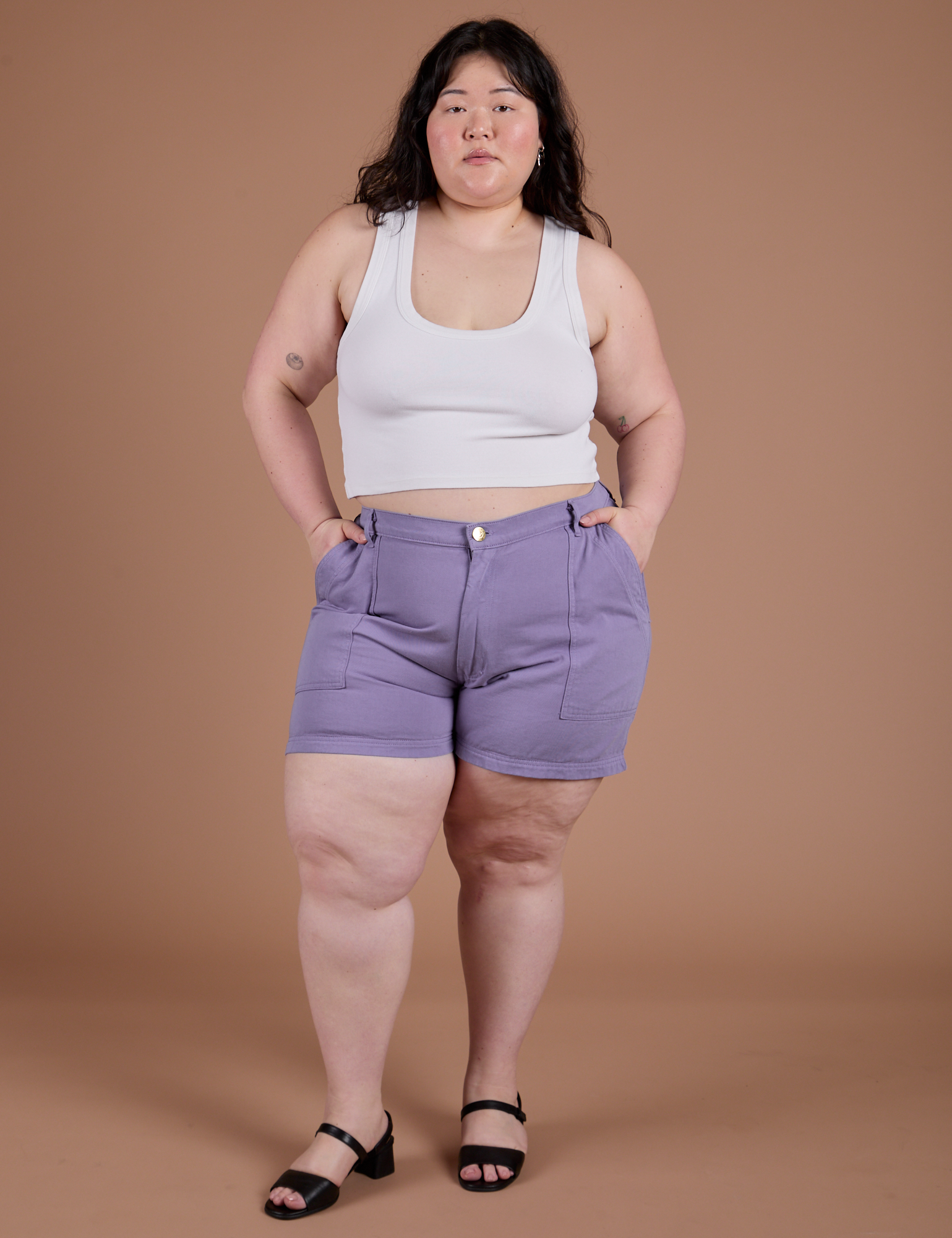 Classic Work Shorts in Faded Grape and Cropped Tank in Vintage Tee White on Ashley