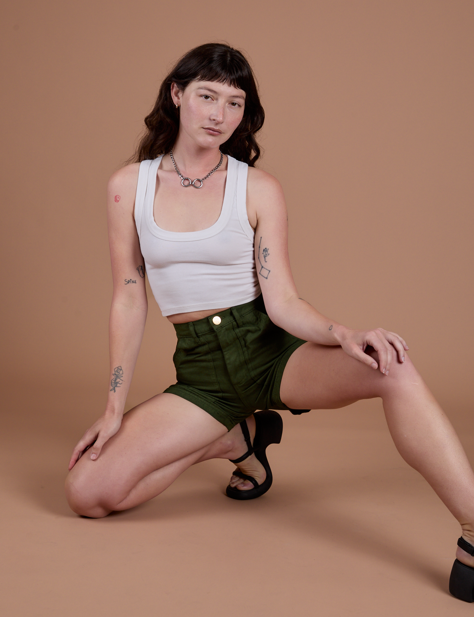Classic Work Shorts in Evergreen and Cropped Tank in Vintage Tee White worn by Alex