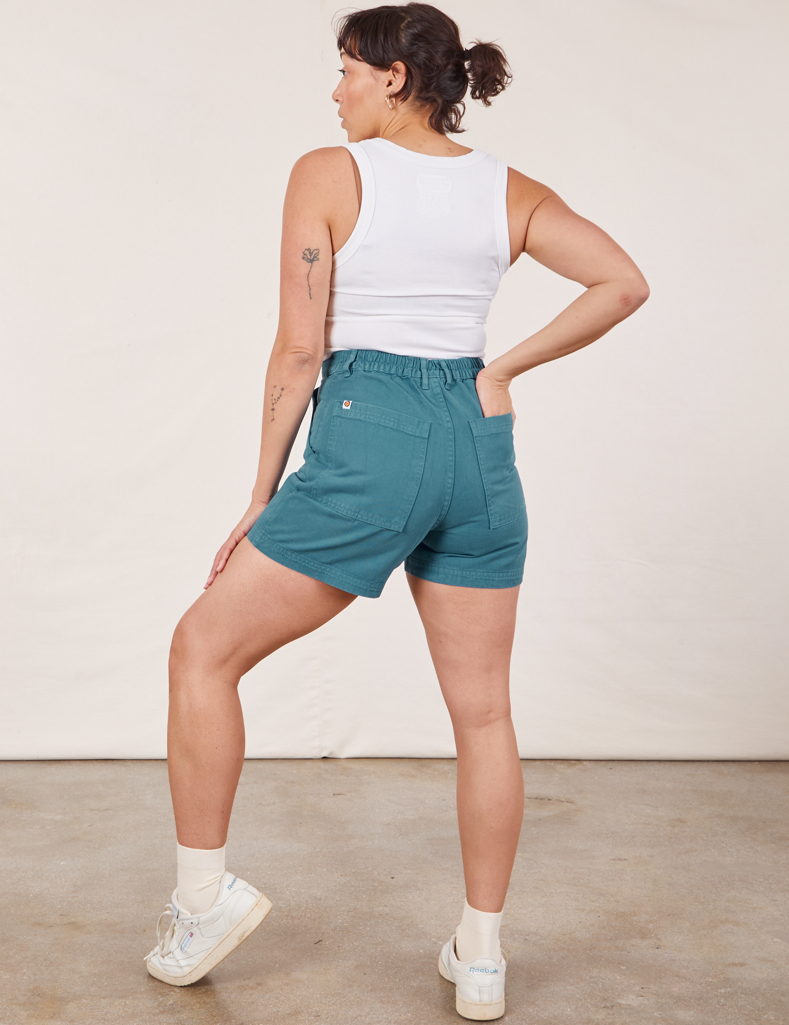 Back view of Classic Work Shorts in Marine Blue and Cropped Tank Top in vintage tee off-white on Tiara