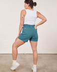 Back view of Classic Work Shorts in Marine Blue and Cropped Tank Top in vintage tee off-white on Tiara
