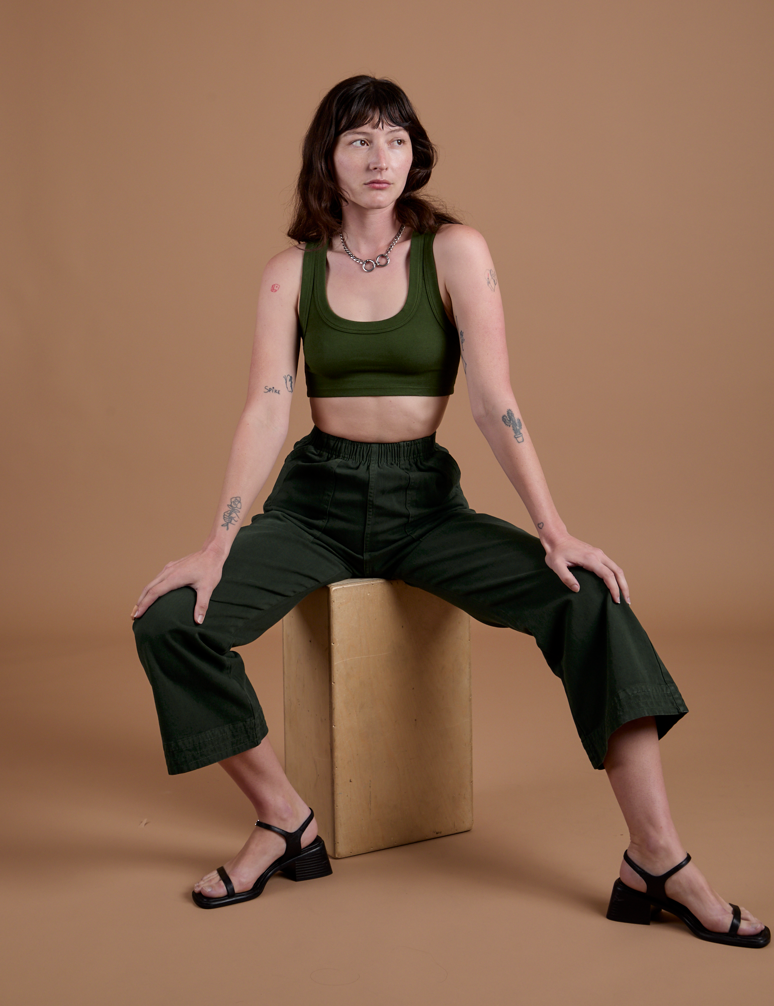 Action Pants in Swamp Green and evergreen Mini Tank on Alex