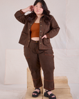 Ashley is wearing Overdyed Carpenter Jeans in Fudge and matching Work Jacket