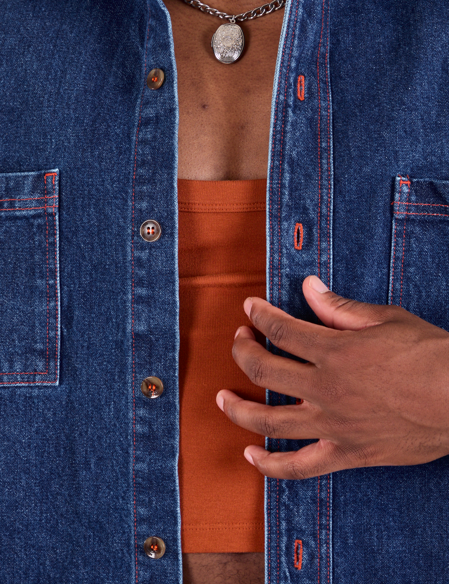 Denim Overshirt in Dark Wash front close up on Issac