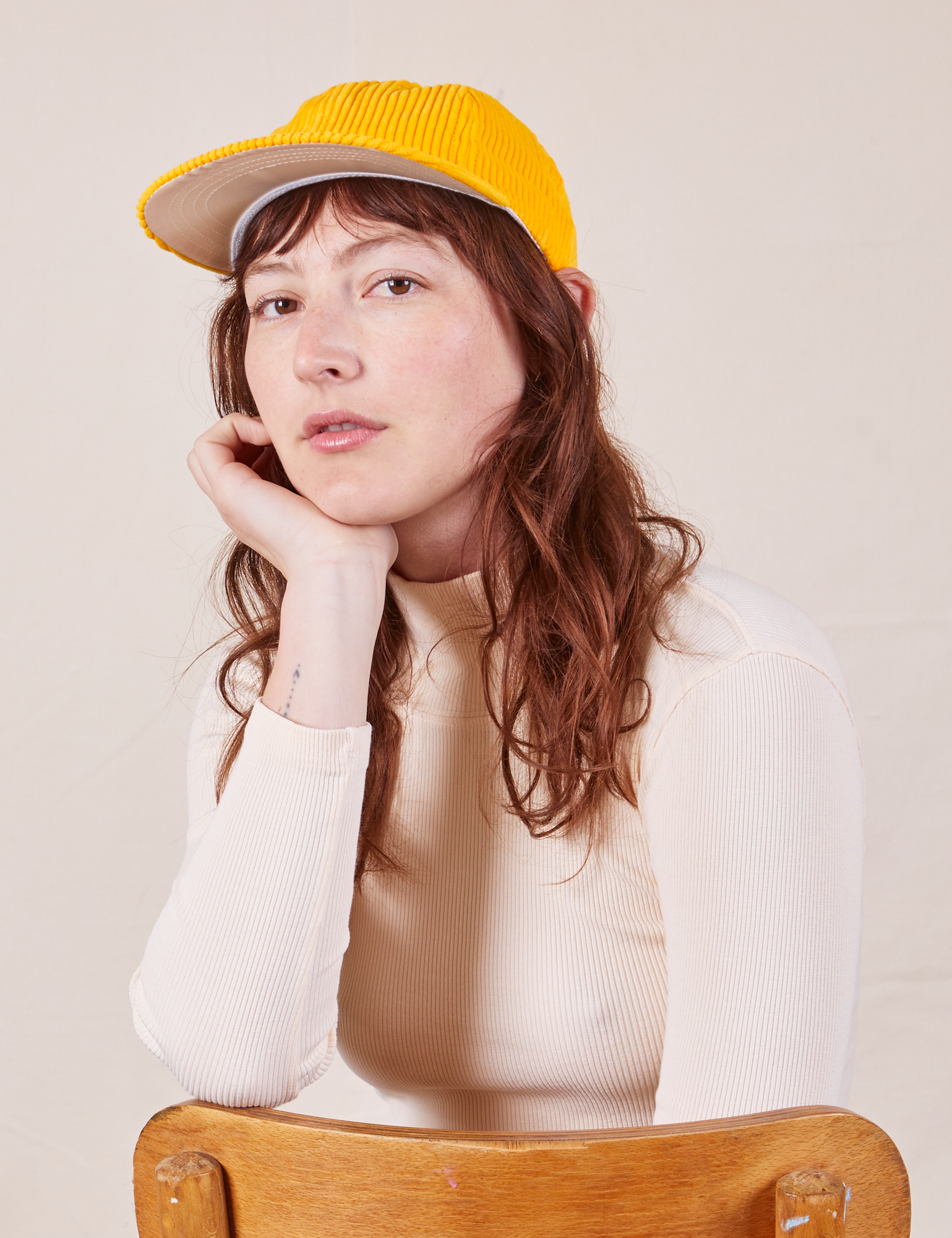 Dugout Corduroy Hat in Sunshine Yellow worn by Alex