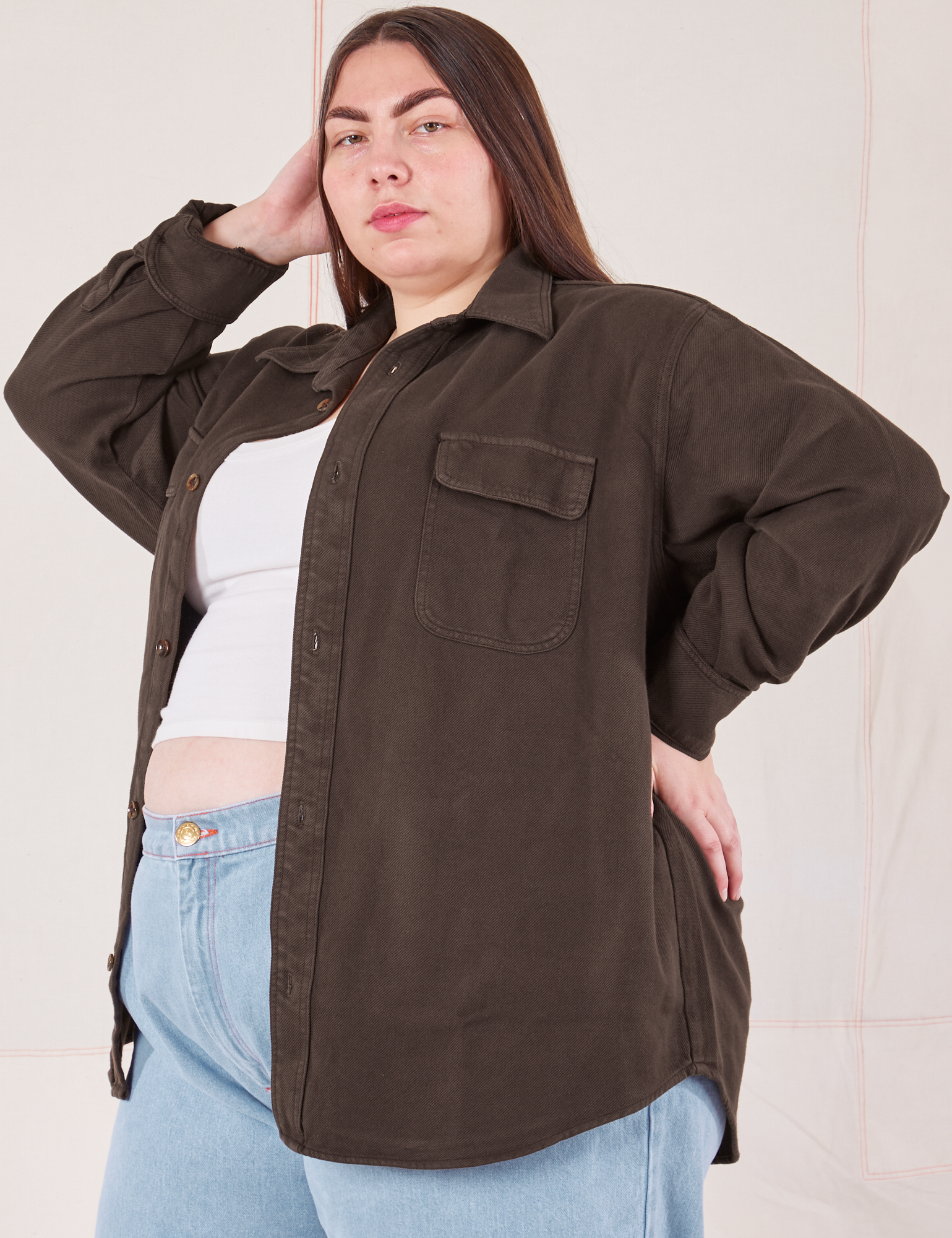 Angled front view of Flannel Overshirt in Espresso Brown on Marielena