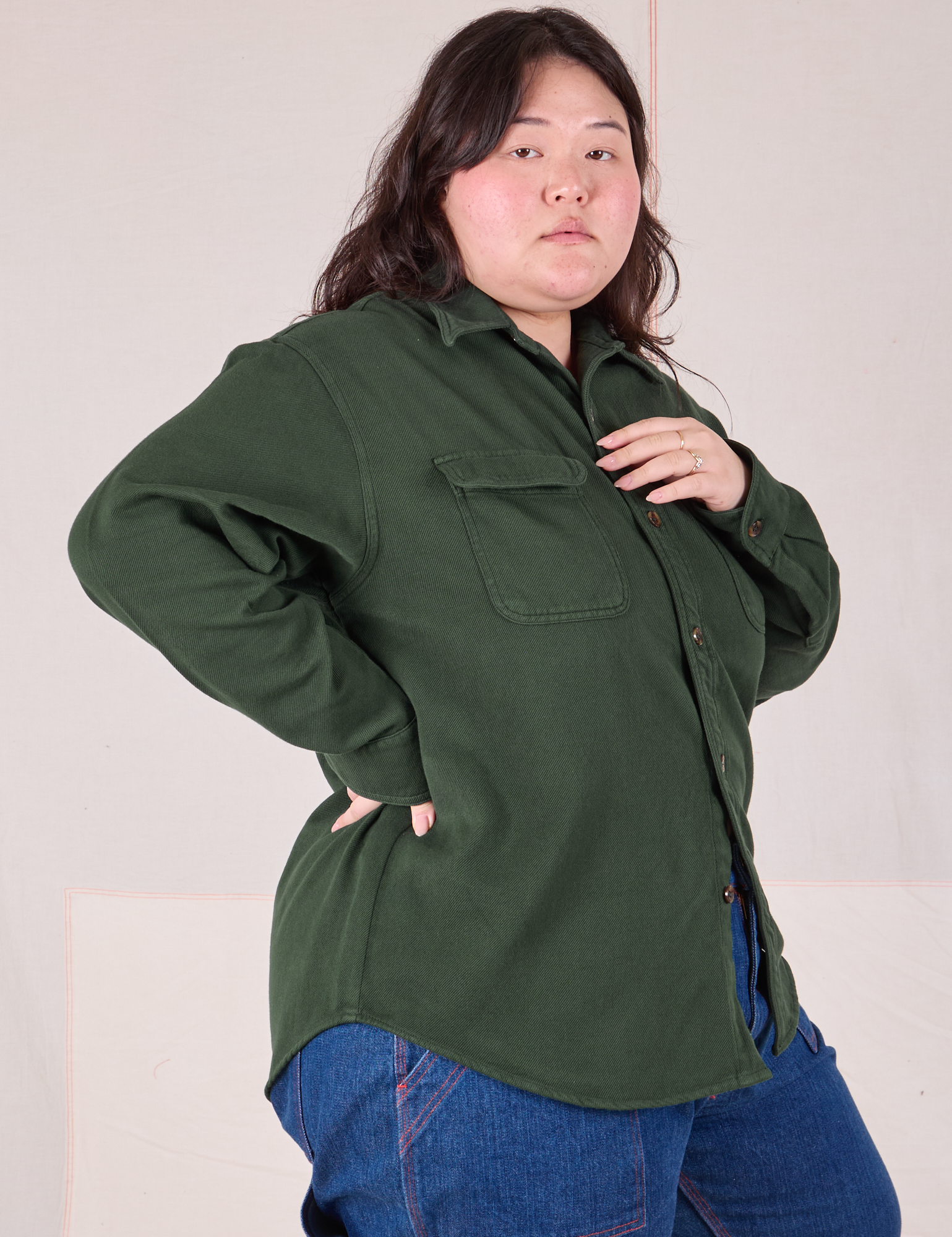 Flannel Overshirt in Swamp Green side view on Ashley