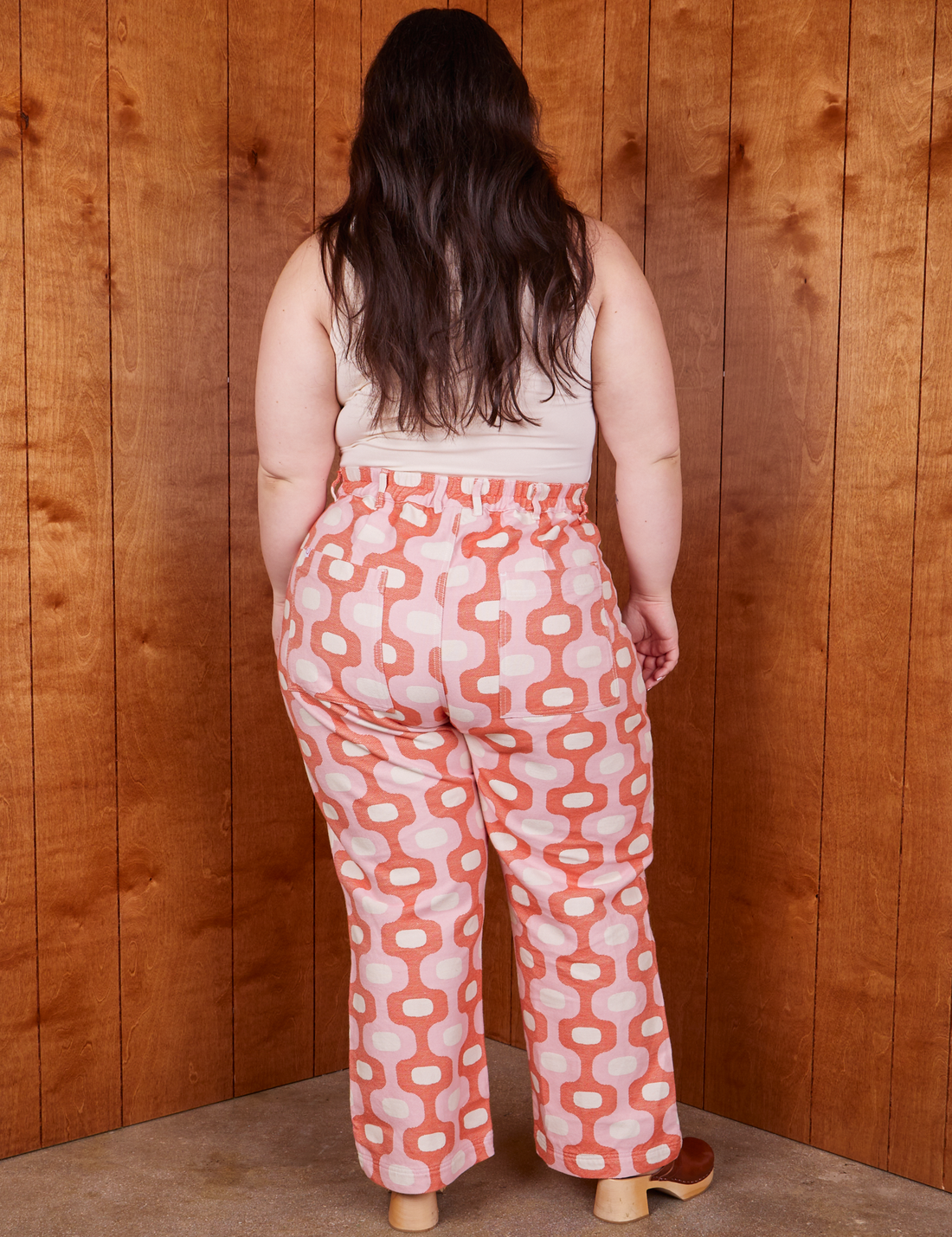Back view of Western Pants in Pink Jacquard worn by Ashley