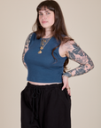 Angled front view of Muscle Tee in French Blue on Sydney