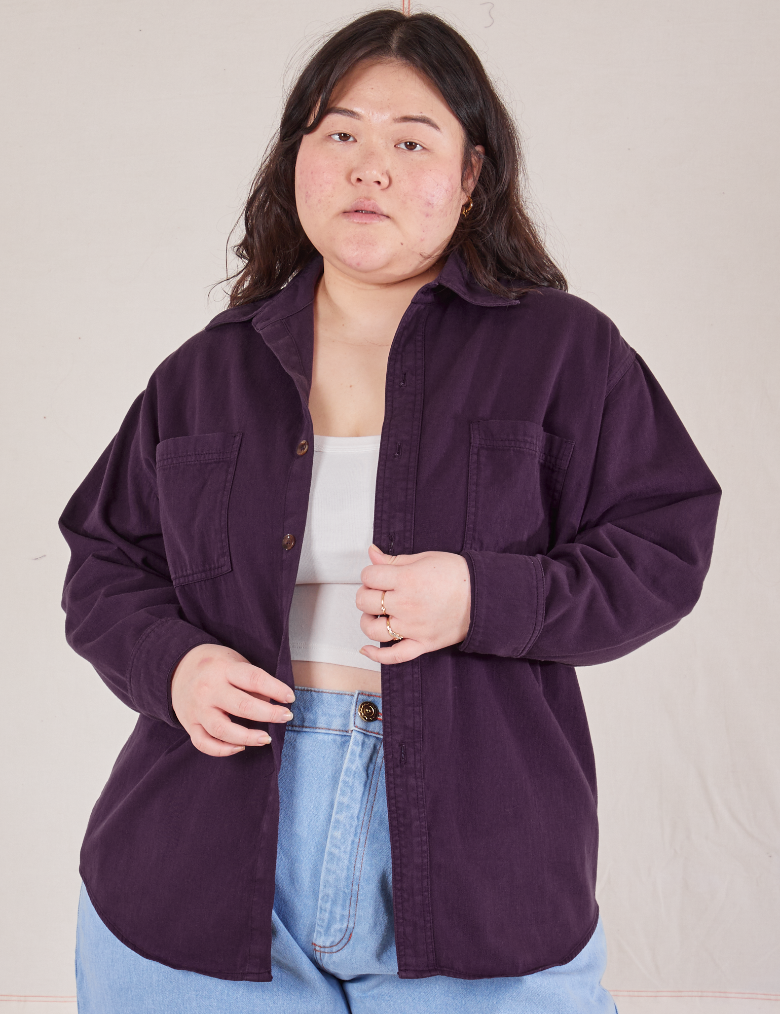 Ashley is wearing Oversize Overshirt in Nebula Purple
