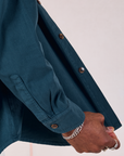 Twill Overshirt in Lagoon sleeve close up on Jerrod