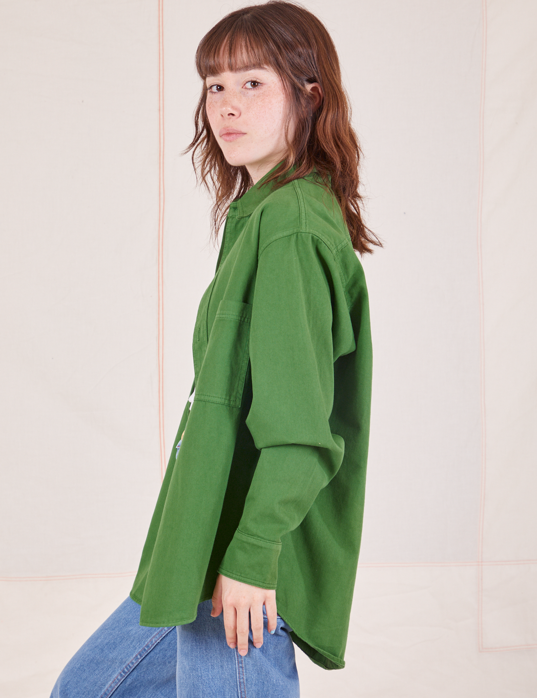Side view of Oversize Overshirt in Lawn Green worn by Hana
