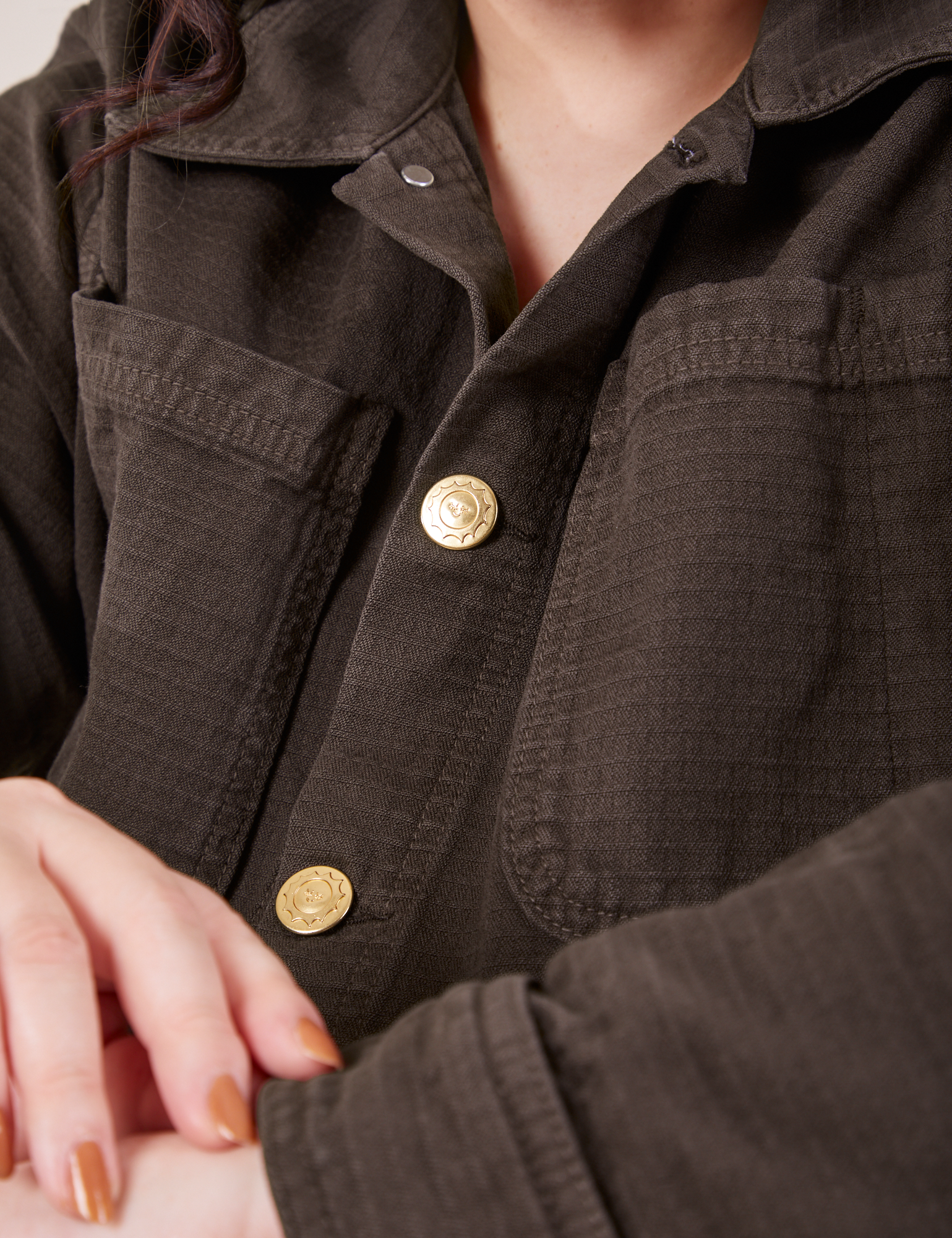 Field Coat in Espresso Brown front close up on Morgan
