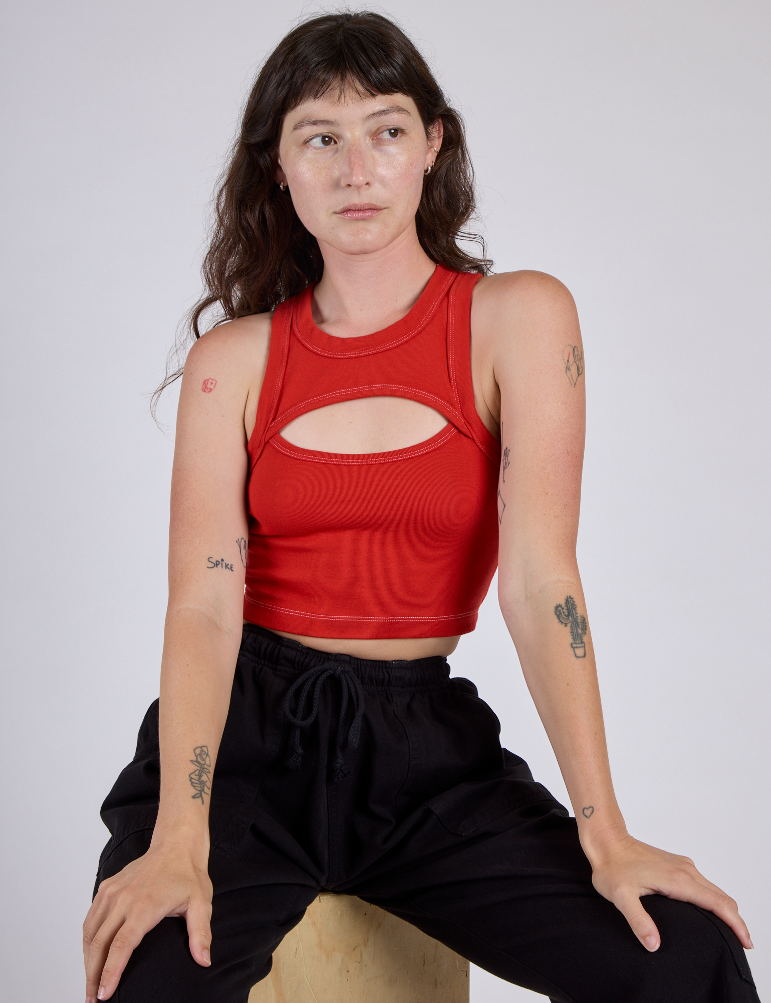 Alex wearing the Mustang Red Porthole Tank