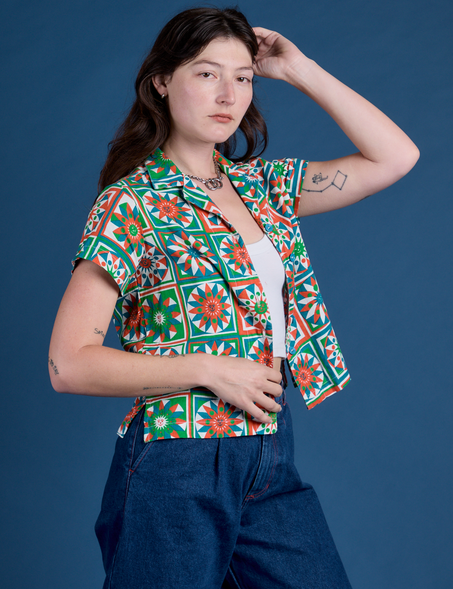 Angled front view of Quilt Print Pantry Button-Up  on Alex