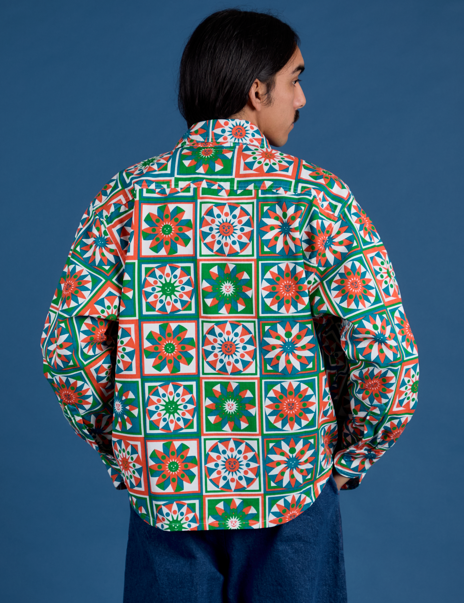 Cropped Overshirt in Quilt Print back view on Anthony