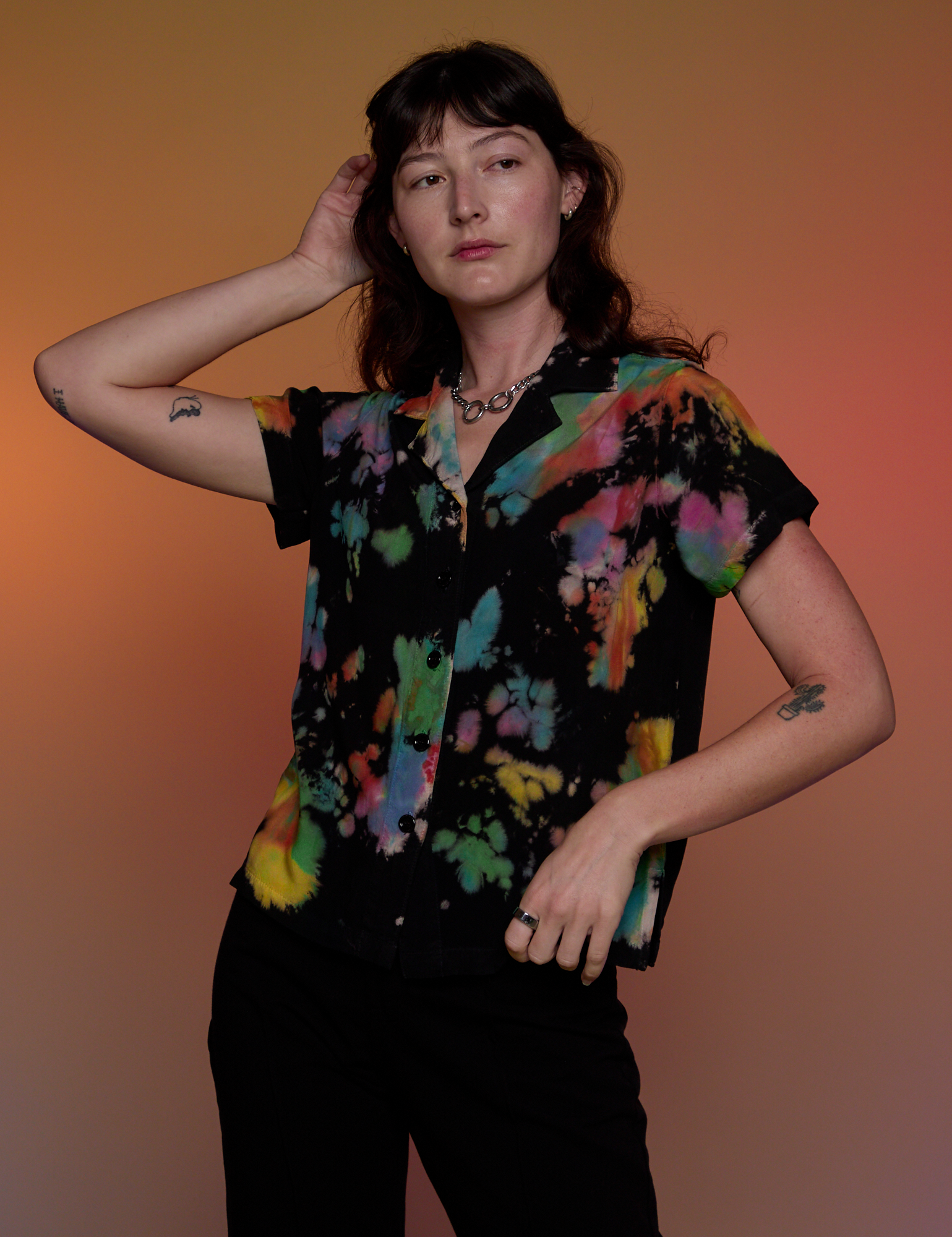 Pantry Button-Up in Rainbow Magic Waters worn by Alex