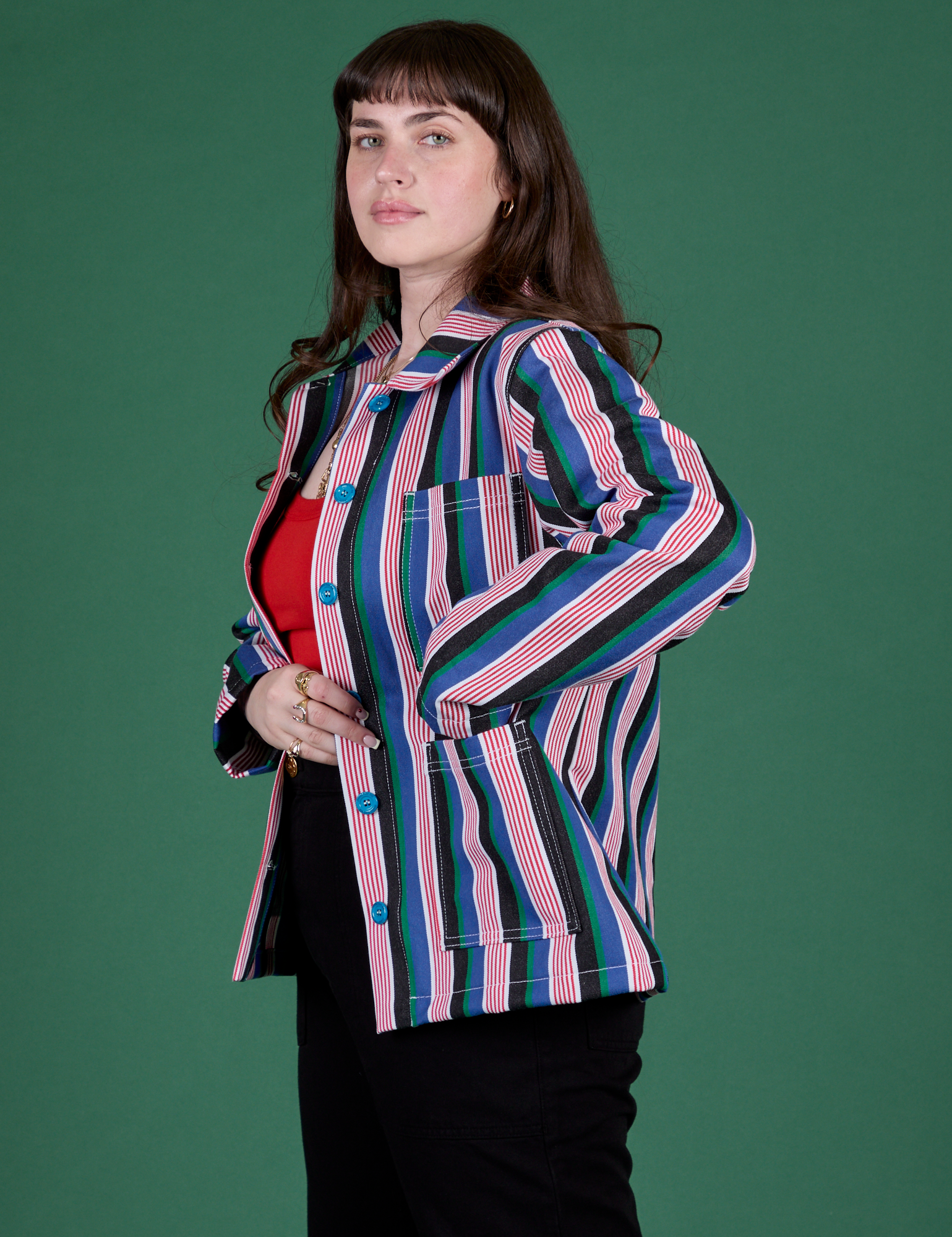 Stripe Work Jacket in Pacific Stripe side view on Sydney