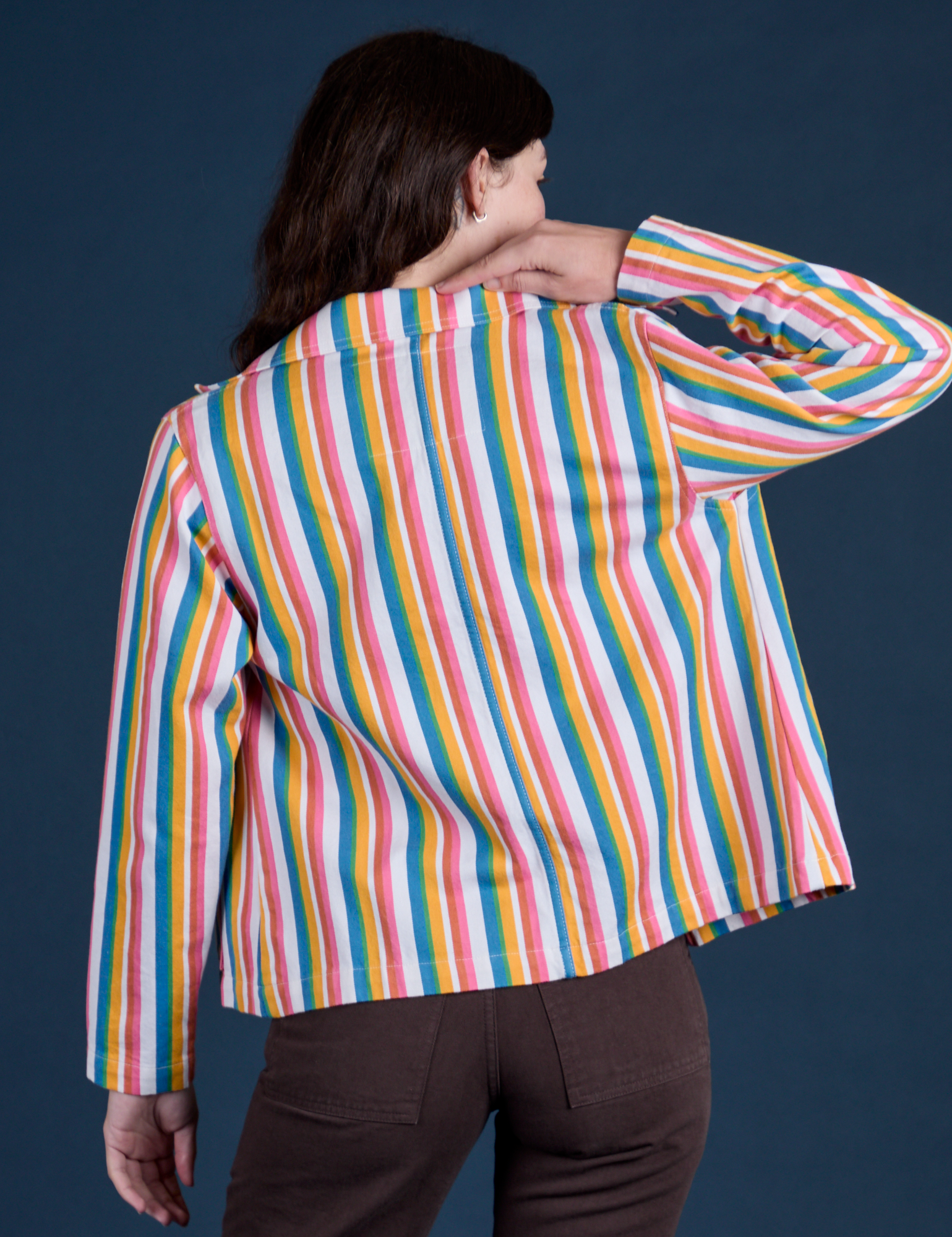 Stripe Work Jacket in Rainbow Stripe back view on Alex