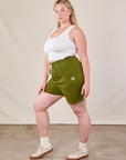 Side view of Lightweight Sweat Shorts in Summer Olive and Cropped Tank in vintage tee off-white on Lish