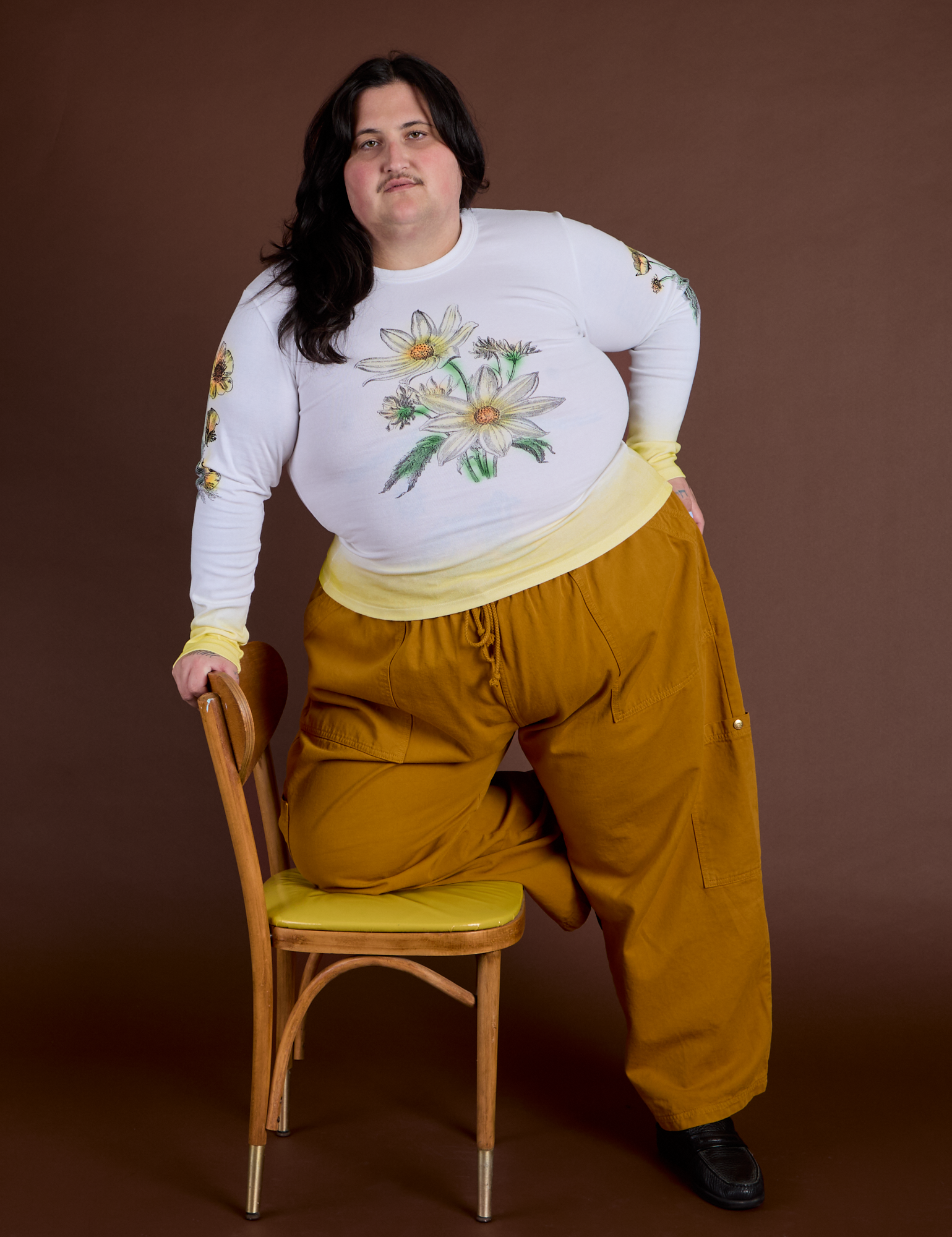 Floral Long Sleeve Baby Tee in Yellow and spicy mustard Drop Pocket Cargo Pants on Sam