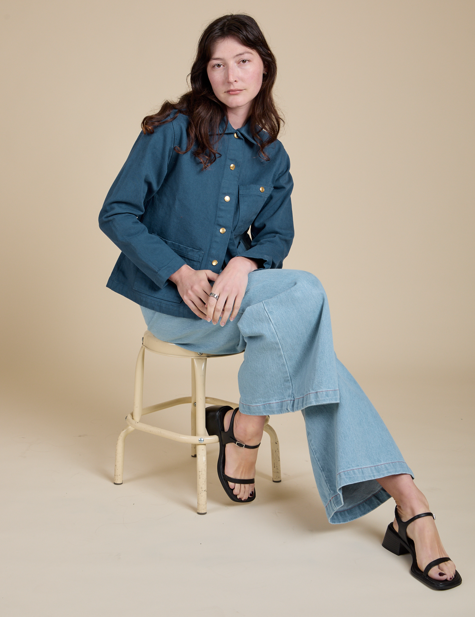 Denim Work Jacket in French Blue and light wash Indigo Wide Leg Trouser on Alex