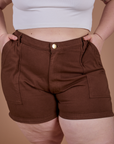 Classic Work Shorts in Fudgesicle Brown close up on Ashley