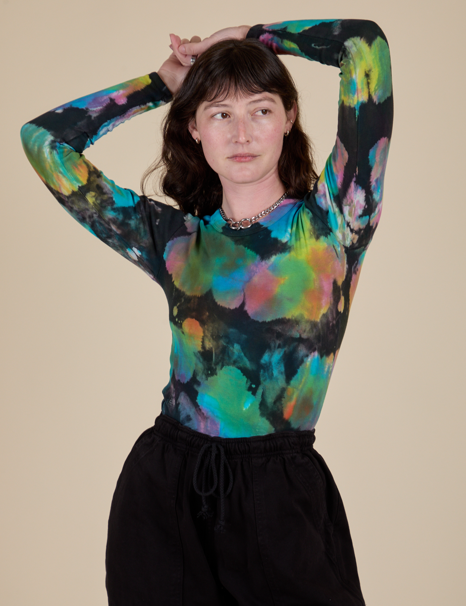 Long Sleeve Baby Tee in Rainbow Magic Waters on Alex