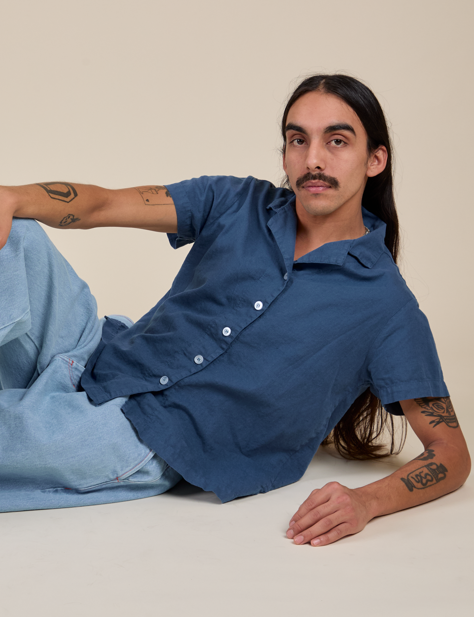 Anthony is wearing Pantry Button-Up in French Blue