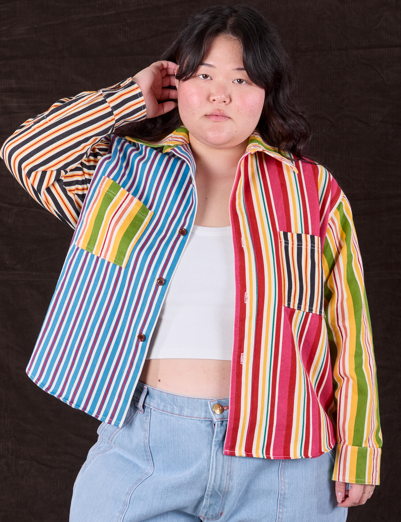 Ashley is wearing Cropped Overshirt in Mixed Stripe