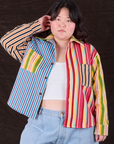 Ashley is wearing Cropped Overshirt in Mixed Stripe