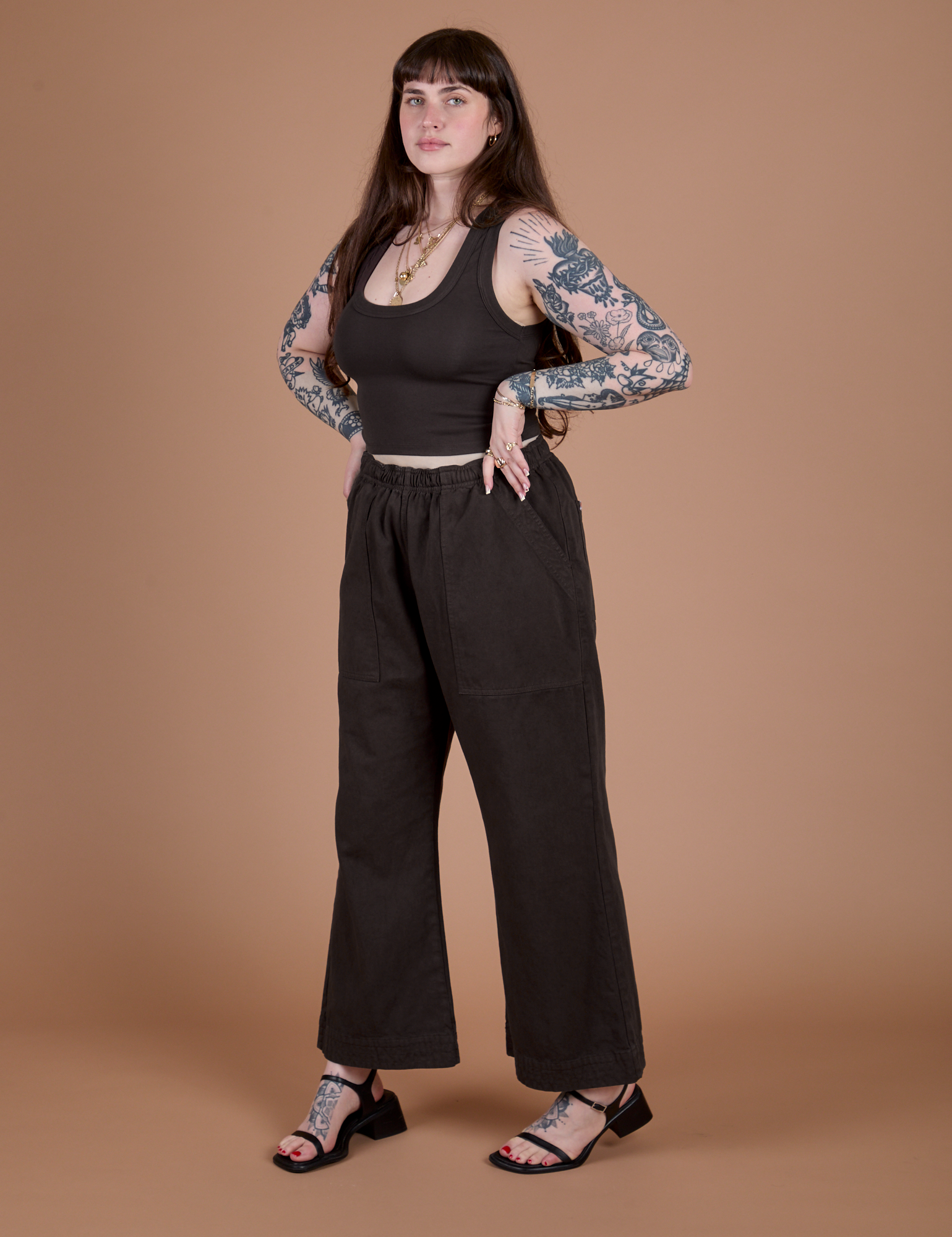 Action Pants in Espresso Brown angled front view on Sydney