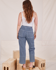 Back view of Carpenter Jeans in Railroad Stripes worn by Allison