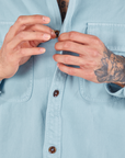 Front close up of Flannel Overshirt in Baby Blue on Jesse