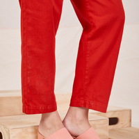 Side view pant leg close up of Heavyweight Trousers in Mustang Red on Alex