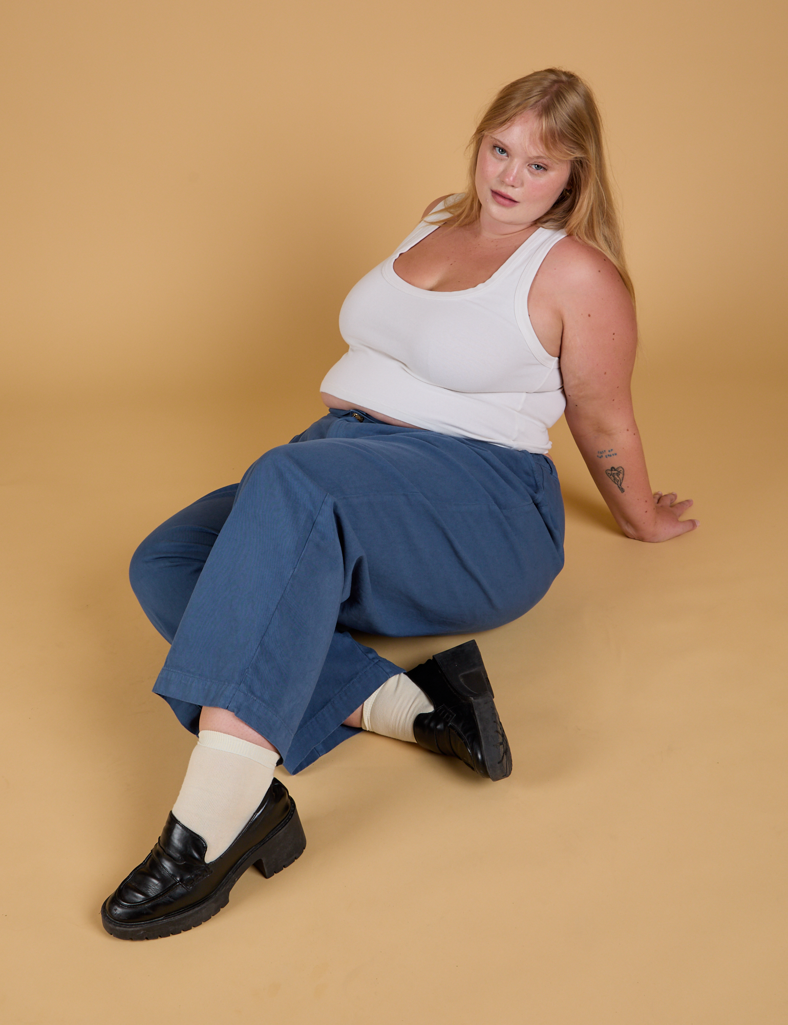 Baggy Mid-Rise Trousers in French Blue and Cropped Tank in Vintage Tee White on Juliet