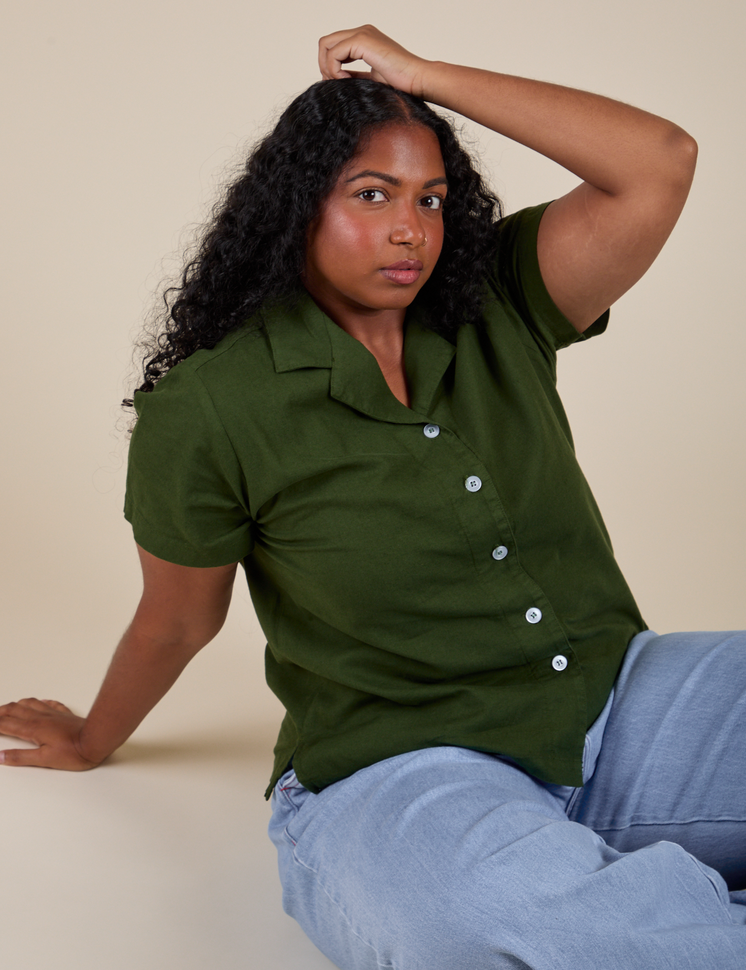 Pantry Button-Up in Evergreen worn by Meghna