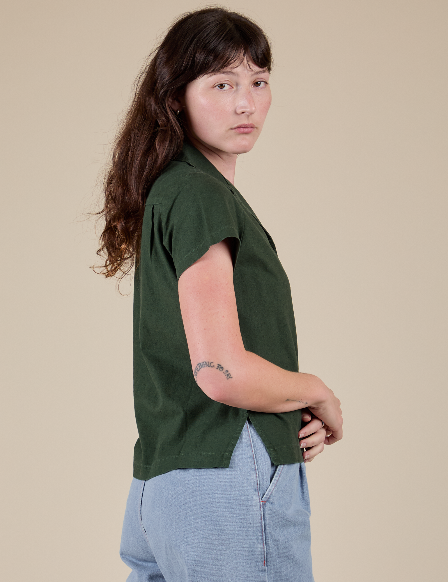 Side view of Pantry Button-Up in Swamp Green on Alex