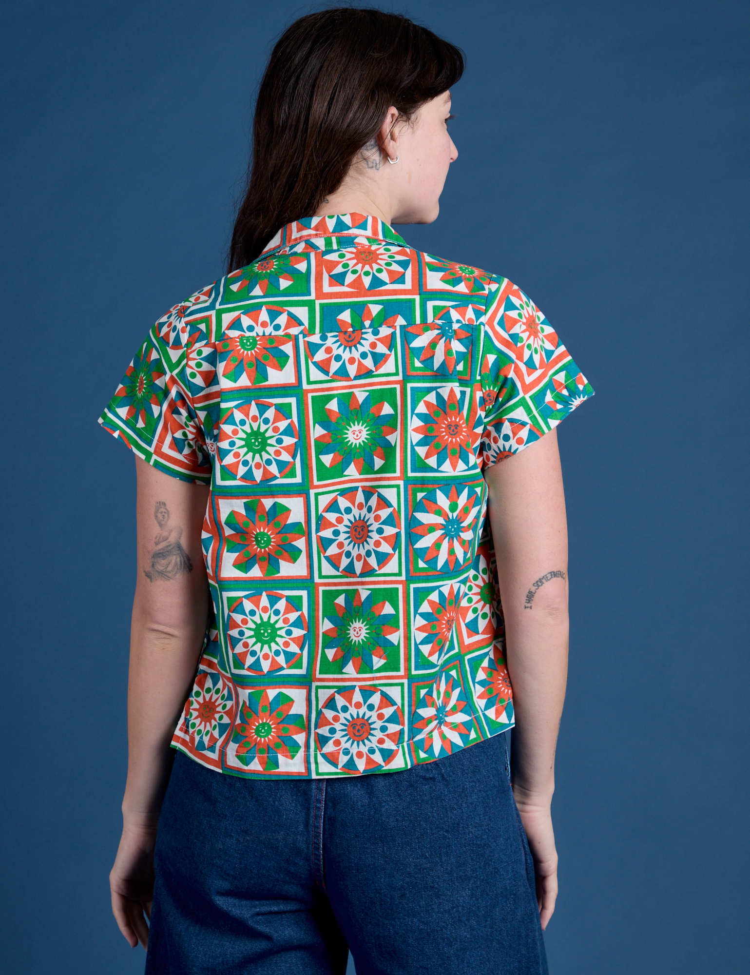 Quilt Print Pantry Button-Up back view on Alex