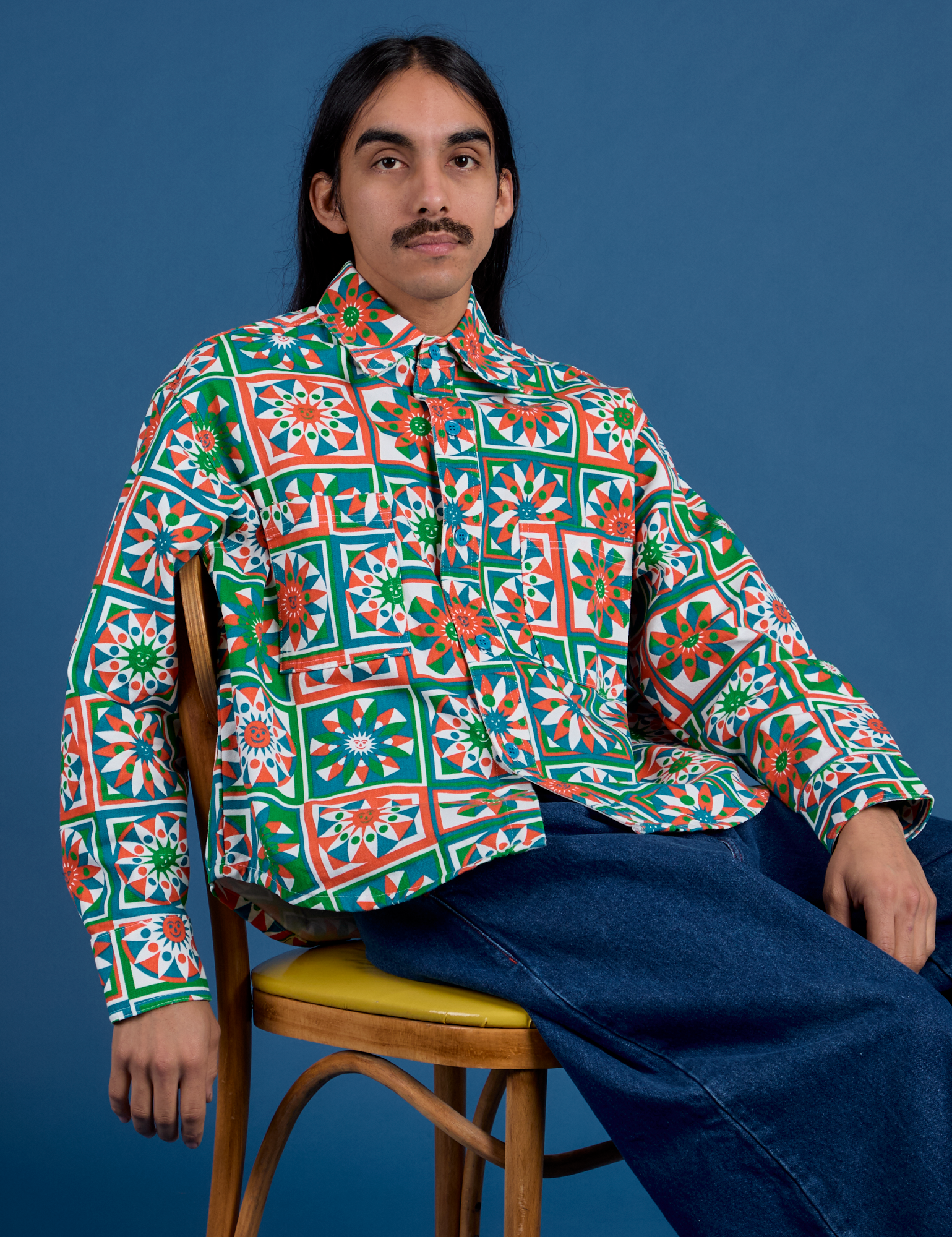 Anthony is wearing Cropped Overshirt in Quilt Print
