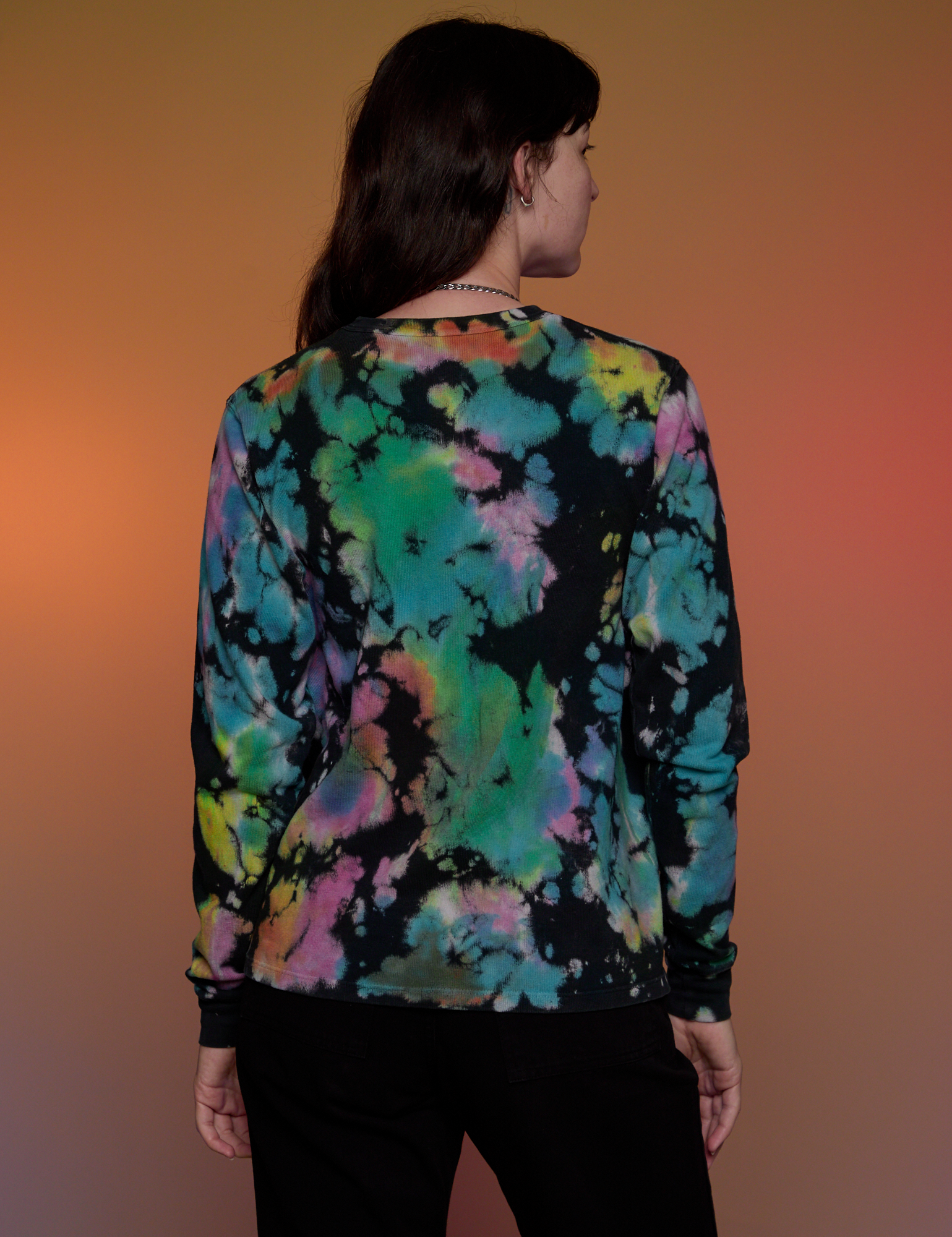 Magic Waters Long Sleeve Burly Tee in Rainbow back view on Alex