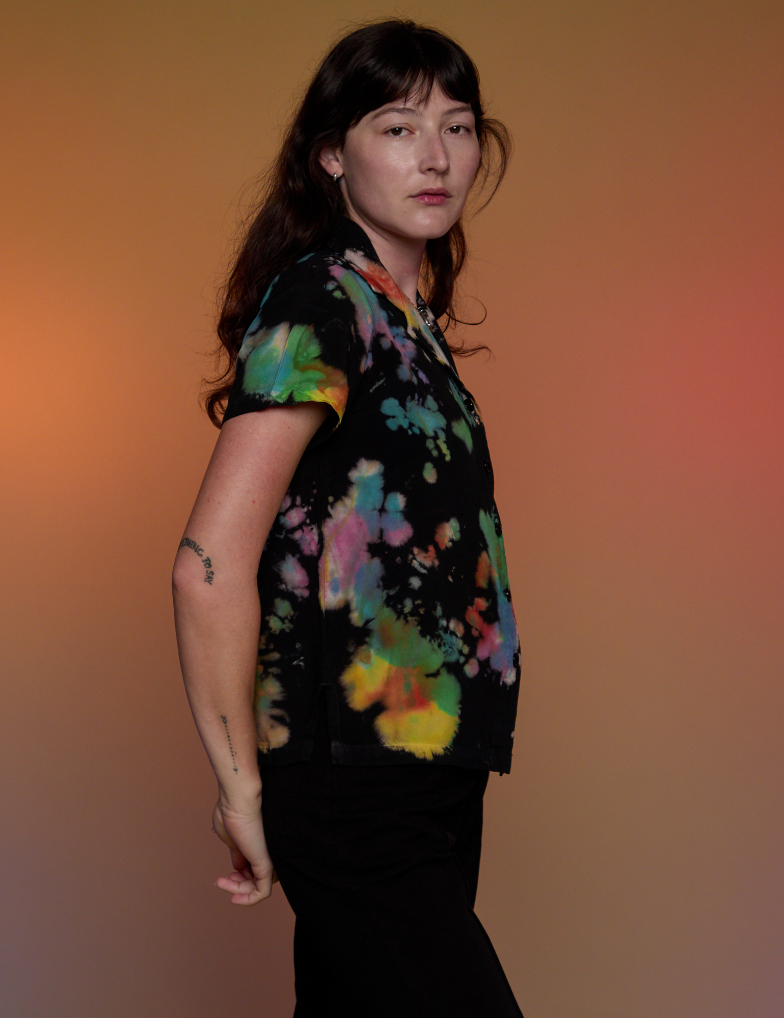 Pantry Button-Up in Rainbow Magic Waters side view on Alex