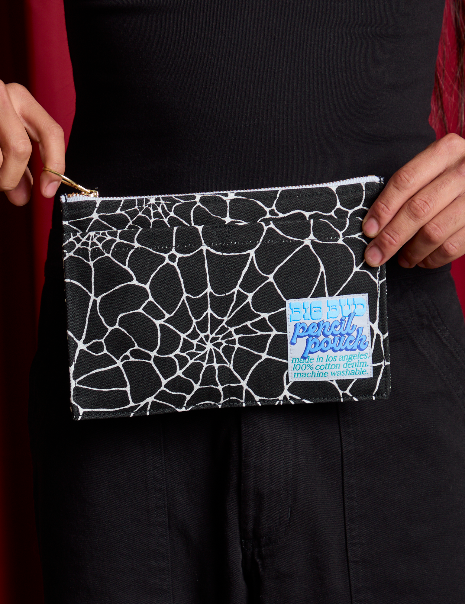 Spider Webs Printed Pencil Pouch held by model